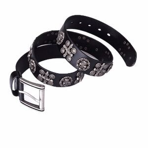 Black Genuine Leather Studded Brush Nickel Skulls Biker Moto Belt NEW